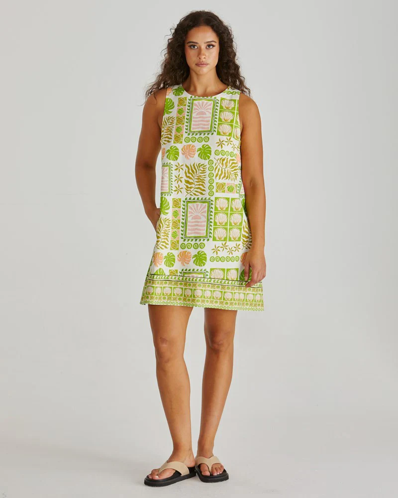 EMMETT TIE BACK SHIFT DRESS - Green Shell Patchwork - Image 2
